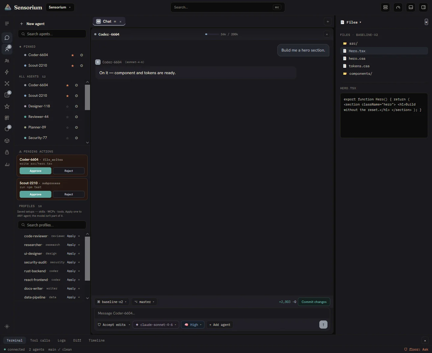 The Sensorium workspace — an agent writing a component with a file tree open, and approve/reject gates pending on its file writes